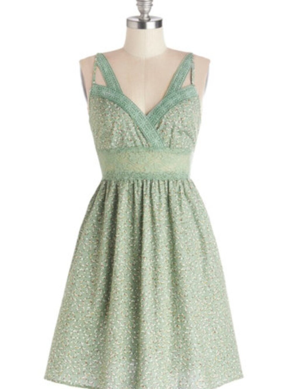 Doe & Rae Sage Green Floral Mini Dress with Crocheted Neckline